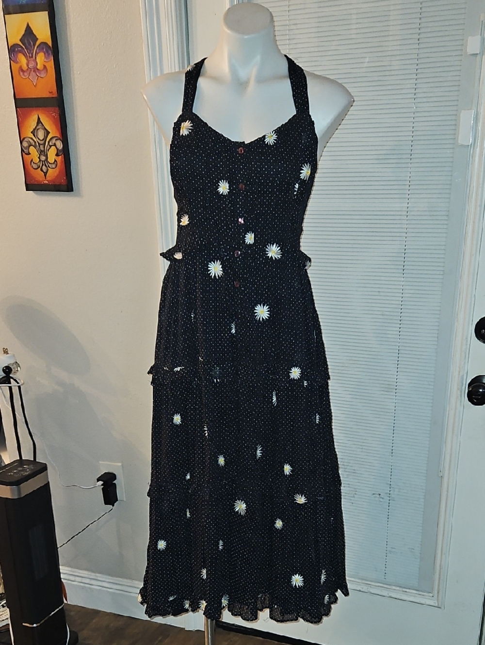 Free People Black Daisy Halter Maxi Dress with White Floral Accent